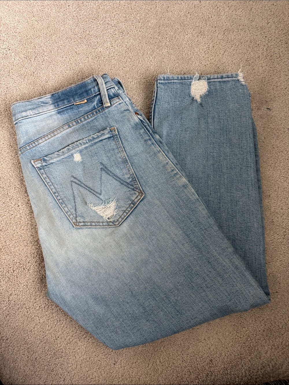 MOTHER Light Blue Straight Jeans with Distressed Pocket